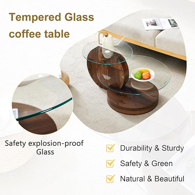 Glass Coffee Tables for Living Room Round Coffee Tables Modern 3 Tier Round Table Circle Coffee Table for Small Space Home Office (35.4 Inch Dark Brown)
