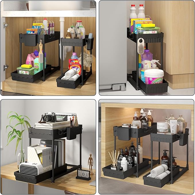 Under Sink Organizer, Bathroom Organizers and Storage, 2 Tier Multi-Use Pull Out Cabinet Organizer with Hang Hooks and Cups (Black, 2 Pack)-NeatNest