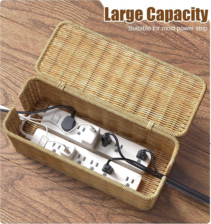 Cable Management Box,2 Pack Handwoven Imitation Rattan Cord Hider Organizer Box with Lid,2 Open Slots Cable Organizer Box for Tv Computer USB Hub to Hide Power Strips & Cords-Brown