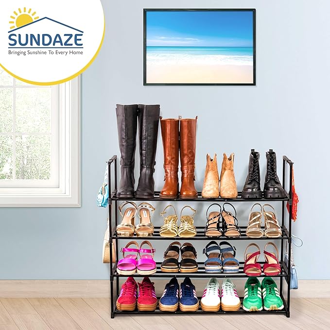 Sundaze Shoe Rack - 4 Tier Metal Shoe Rack for Front Door Entrance, Sturdy Long Shoe Organizer for Closet, Bedroom, Entryway, Garage, Black Metal Shoe Shelf, Holds Up to 20 Pairs-NeatNest