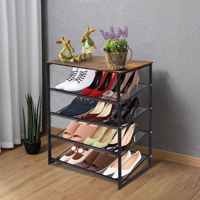 Garden 4 you 5-Tier Tilting Adjustable Freestanding Shoe Rack 12-Pairs for Durability and Stability for Entryways, Hallways, Closets, Dormitory Rooms, and Industries，Brown-NeatNest