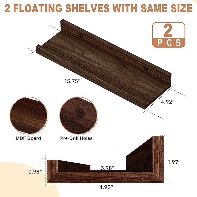 Floating Shelves Wall Mounted Set of 2,Wall Shelves for Decor Storage 15.7 Inch, Wall Mounted Wood Shelves for Bedroom, Living Room, Bathroom, Kitchen, Office, Walnut-NeatNest