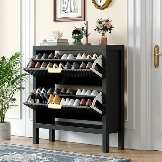 Modern Slatted Wood Shoe Organizer with Dual Flip Drawers, Slim Shoe Storage Cabinet, Wood Freestanding Organizer Shoe Rack for Entryway, Small Spaces, or Hallway, Black