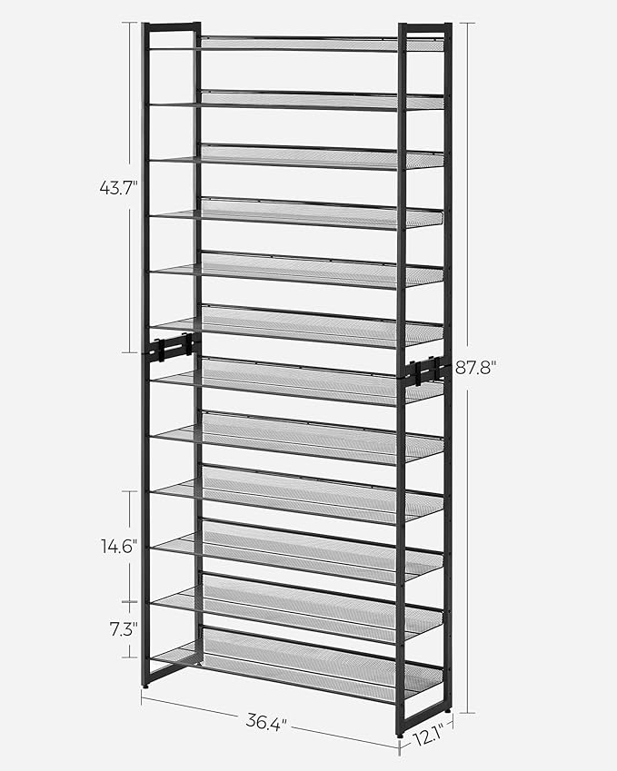 SONGMICS Shoe Rack, 12-Tier Shoe Organizer, Metal Shoe Storage for Garage, Entryway, Set of 2 6-Tier Stackable Shoe Shelf, with Adjustable Flat or Angled Shelves, Holds 48-60 Pairs, Black ULMR12B-NeatNest