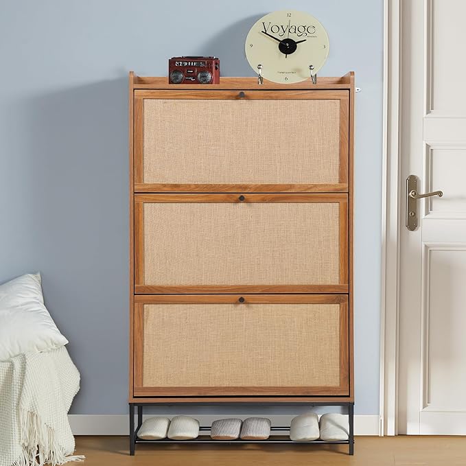LEVNARY Shoe Storage Cabinet with 3 Flip Drawers, Freestanding Shoe Cabinet Storage Organizer for Entryway, Wooden Narrow Shoe Racks Cabinet with Metal Legs for Hallway (Walnut)-NeatNest