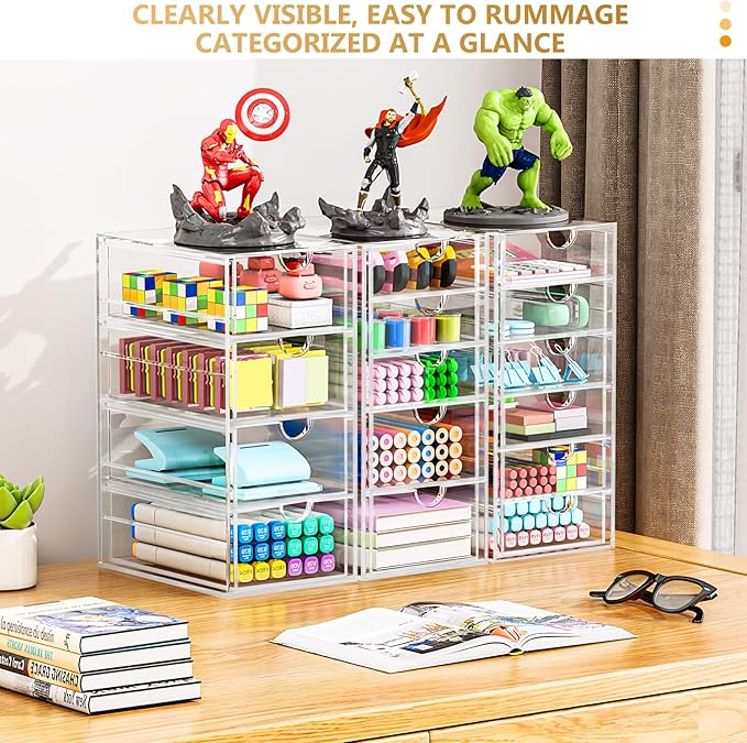 Acrylic 3 Pack Desk Organizers and Accessories, Makeup Organizer Storage With 15 Drawers, Desk Organizers, Dustproof Drawer Organizer and Storage for Make Up, Jewelry, DIY Pen-NeatNest