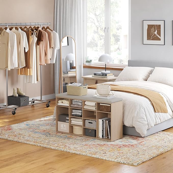 DINZI LVJ Shoe Storage Bench with Cushion, 16-Cubby Shoe Rack, Adjustable Shelves, 40.9" Long Shoe Organizer Bench for Entryway, Mudroom, Hallway, Garage, Natural and Cappuccino Beige-NeatNest