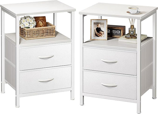 Huuger Night Stand Set of 2, Nightstand with 2 Drawers, Bed Side Table with Open Shelf, Wooden Top, End Table, PU Leather Fabric Drawer Surface, for Bedroom, White