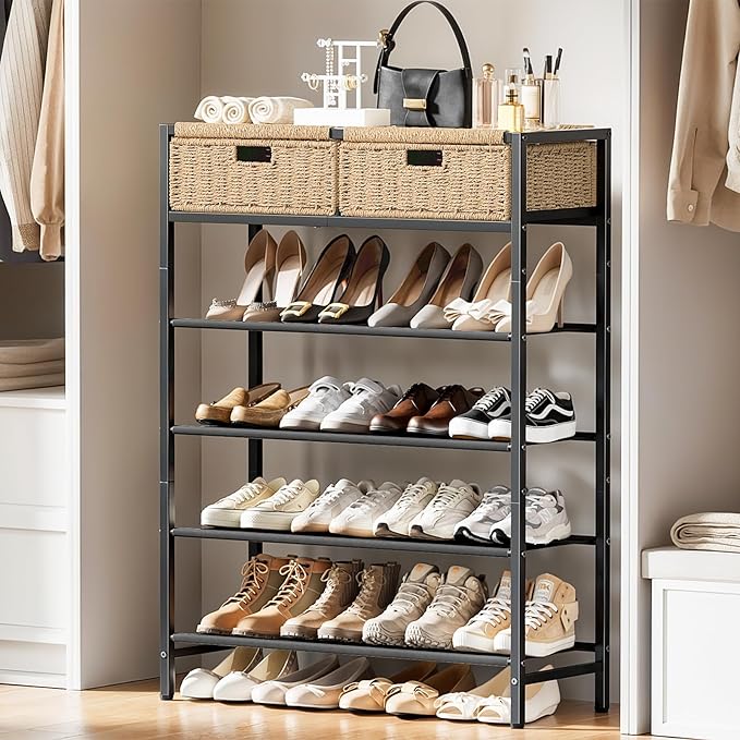 Shoe Rack, 5 Tier Shoe Storage Organizer with 2 Hand Woven Drawers, Metal Shoe Shelf for 16-20 Pairs of Shoes, with 4 Fabric Shelves and Woven Top, Shoe Stand for Closet Entryway, Rustic Oak-NeatNest