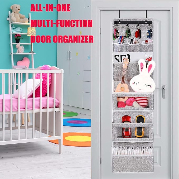 VICTORICH All-IN-ONE Over the Door Organizer, Super Behind the Door Storage Organizer with Door Rack and Large Clear Windows, Wall File Organizer, Hanging Organizer (New Grey)