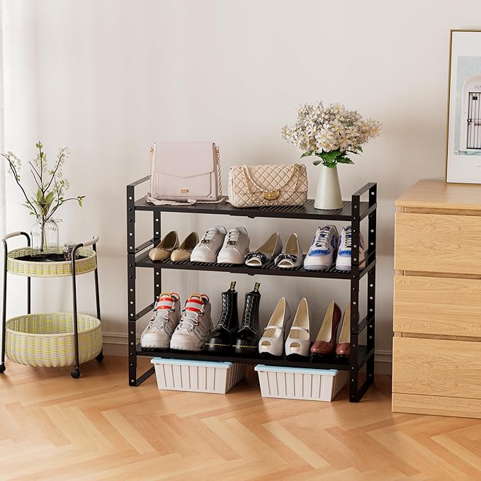 Expandable Stackable Aadjustable Shoe Rack Pantry Shelf for Kitchen Cabinets Counter Shelves Countertop Cupboard Storage Solution,Sturdy Heavy-Duty Metal Construction(2Packs/Black/Medium)-NeatNest