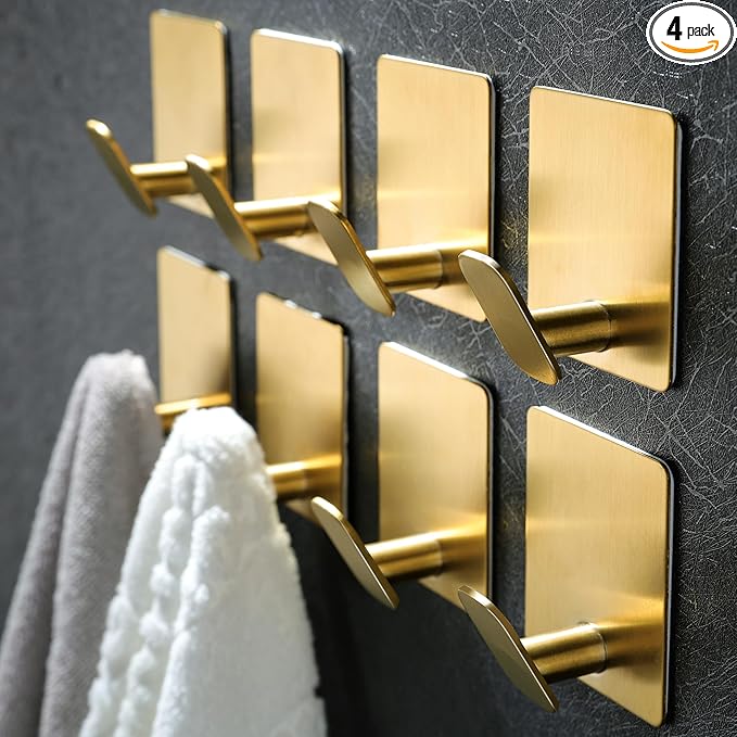 DELITON 8 Pack Gold Wall Hooks - Adhesive Towel Hooks for Bathrooms Kitchen Livingroom Garage, Heavy Duty Hook for Walls, No Damage, Stainless Steel-NeatNest