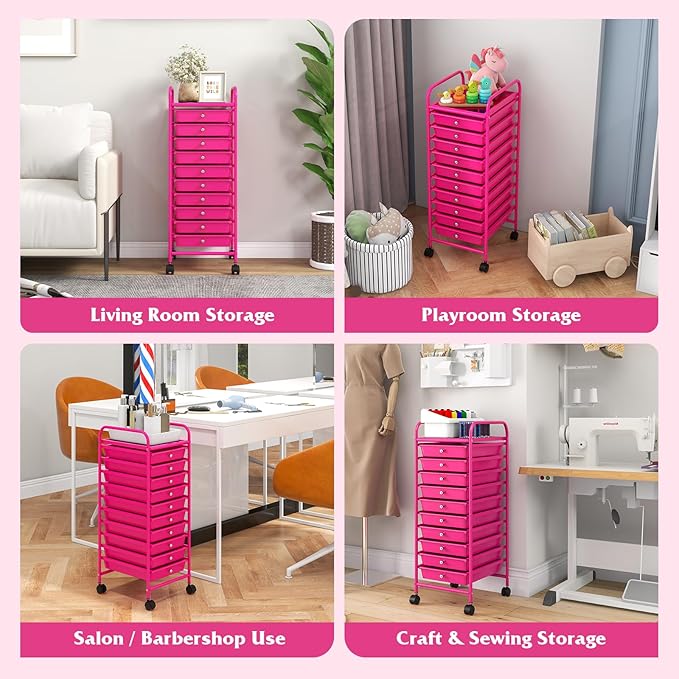 COSTWAY 10-Drawer Rolling Storage Cart, Utility Mobile Trolley with Removable Drawers & Universal Casters & 2 Brakes, Versatile Flexible Drawer Organizer Cart for Home, Office, Hot Pink-NeatNest