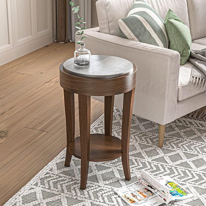 COSIEST Set of 2 Farmhouse Round End Table, 2-Tier Classic Brown Side Table, Wood Accent Table with Storage Shelf for Living Room, Bedroom, Office, Distressed Glaze Finish (Brown & Silver)-NeatNest