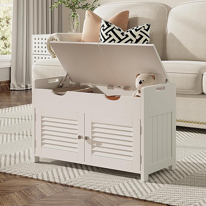 ChooChoo Shoe Storage Bench with Lift Top Storage, Entryway Bench with 2 Cushioned Seats, 3 Compartments, Adjustable Shelf, Shoe Cabinet for Entryway, Bedroom, Living Room, White-NeatNest