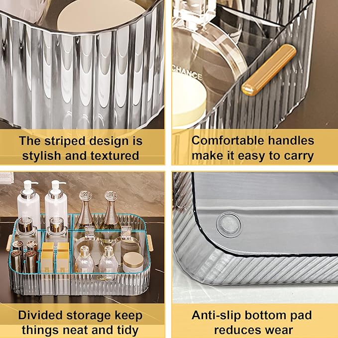 DASITON Large Capacity Makeup Organizer,12 Slots Makeup Brush Holder,Makeup Storage with Handle,Vintage Striped Cosmetic Organizer for Bathroom Countertops,Desk Storage Container(Clear)-NeatNest