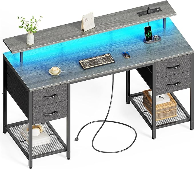 Huuger 55 inch Computer Desk with 4 Drawers, Gaming Desk with LED Lights & Power Outlets, Home Office Desk with Large Storage Space for Bedroom, Work from Home, Gray-NeatNest