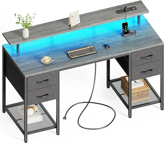 Huuger 55 inch Computer Desk with 4 Drawers, Gaming Desk with LED Lights & Power Outlets, Home Office Desk with Large Storage Space for Bedroom, Work from Home, Gray-NeatNest