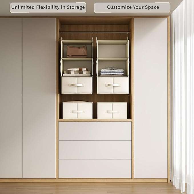 Vailando 3-Shelf Hanging Closet Organizer, Set of 2 Hanging Shelves with 2 Drawers for Wardrobe, Nursery, Baby Clothes Storage and Organization, Beige-NeatNest
