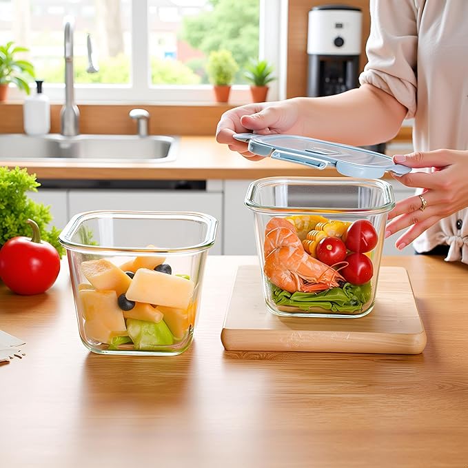 4 Cup Square Glass Food Storage Container with Lids, Square Glass Soup Container with Airtight Lids, 32 OZ Food Prep Bowls for Leftovers, Salad, Microwave、Fridge、Dishwasher Safe (2 Pack)