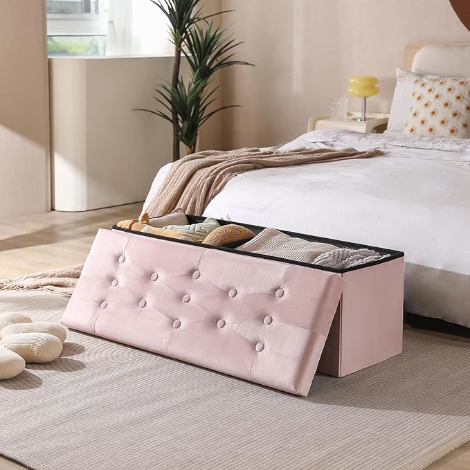 PRANDOM Jumbo Ottoman with Storage [1-Pack] Velvet Folding Small Square Foot Stool with Lid for Living Room Bedroom Coffee Table Dorm Pink 43x15x15 inches-NeatNest