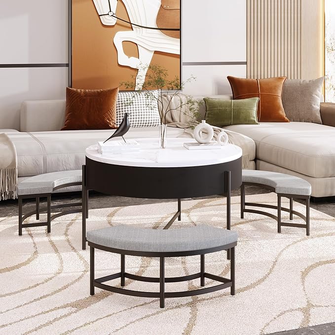 Modern Round Lift-Top Coffee Table with Storage & 3 Ottoman for Living Room White & Black