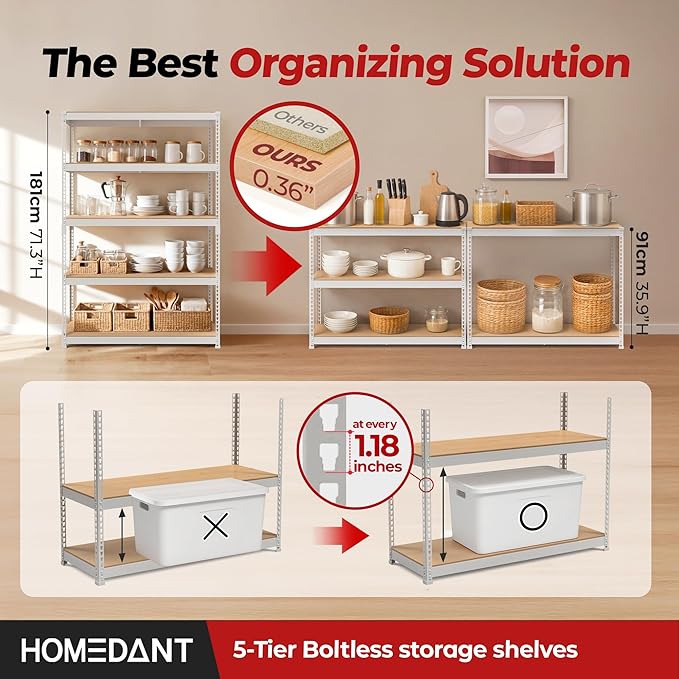 HOMEDANT White 5 Tier Laminated Boltless Heavy Duty Garage Storage Adjustable Wide Size Metal Shelving Unit Utility Rack Shelves Organization Shelf Shed Warehouse 47.7" W x 18.2" D x 71.3" H 3Pack-NeatNest