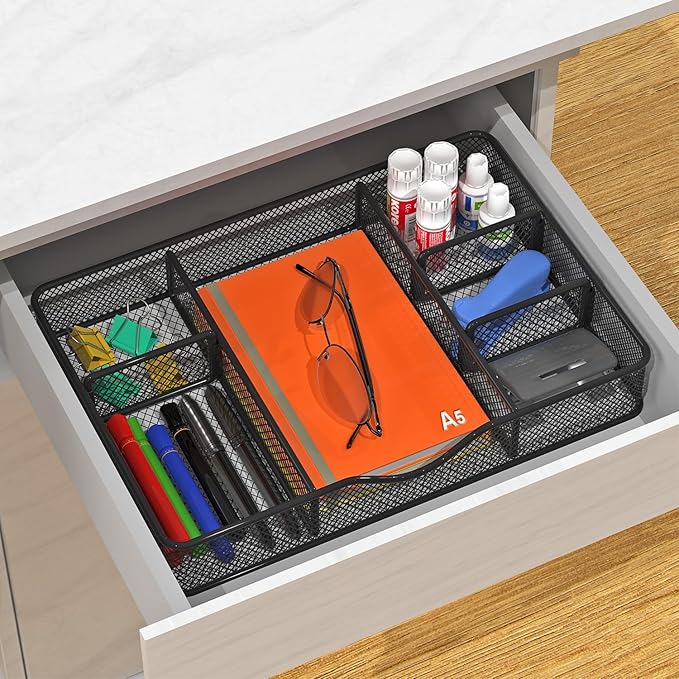 Desk Drawer Organizer, Metal Mesh Drawer Organizer Tray with 6 Adjustable Compartment, Tray Organizer for Desktop, Kitchen, Bathroom, Makeup, Vanity - 14.5x8.8x1.96 inch, Black, 1PC Large-NeatNest