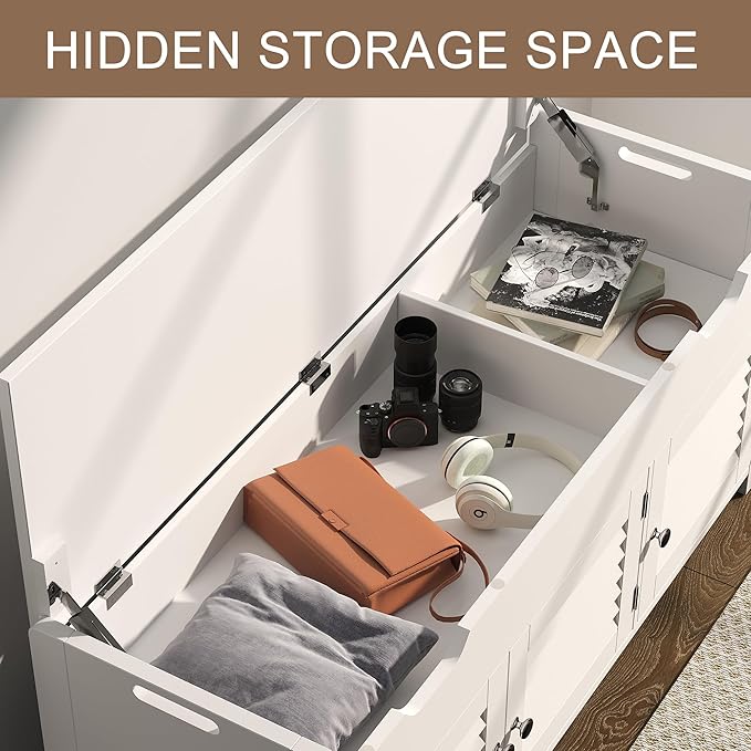 ChooChoo 41.3" Shoe Storage Bench with Lift Top Storage, Entryway Bench with Cushioned Seat, Adjustable Shelf, Shoe Cabinet with Hidden Space, for Entryway, Bedroom, Living Room, White-NeatNest