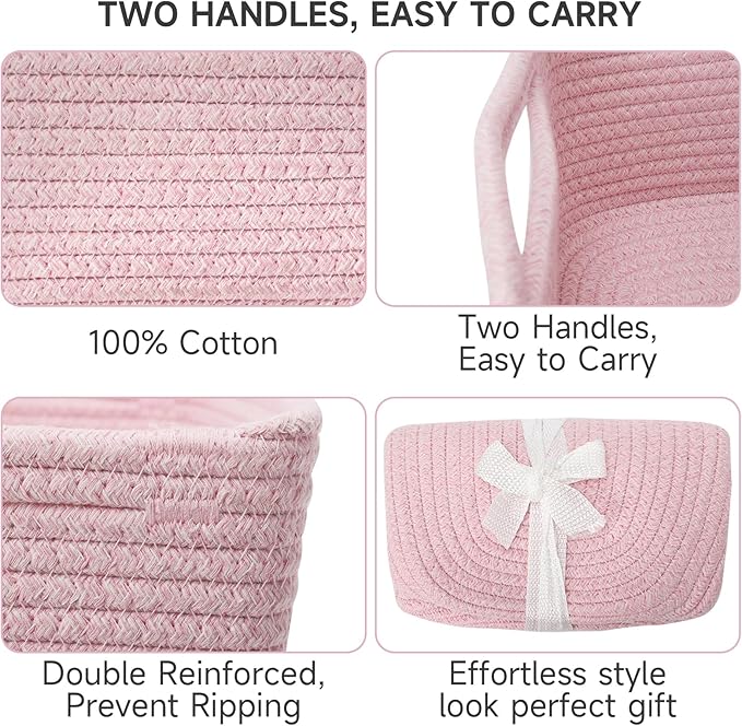 3-Pack Storage Baskets for Organizing | Woven Shelf Toy Basket | Rope Baskets for Gifts Empty | Closet Organizer Bins with Handles | Cube Decorative Box | 13.7×7.1×6.7” | Mixed Pink-NeatNest