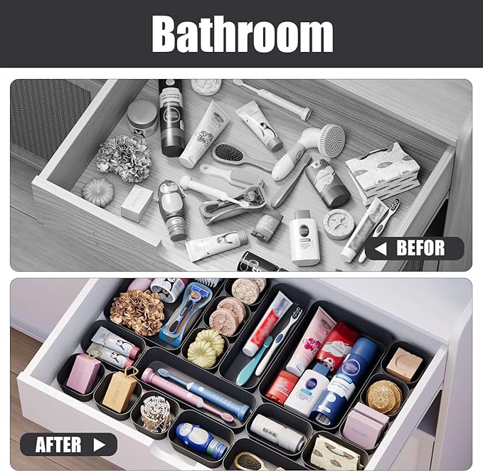 Plastic Drawer Organizers, 10 PCS Drawer Organizer Bins, Bathroom and Vanity Organizer Plastic Tray, Makeup organizer and storage for Makeup, Bedroom, Kitchen Gadgets Utensils and Office (Black)-NeatNest