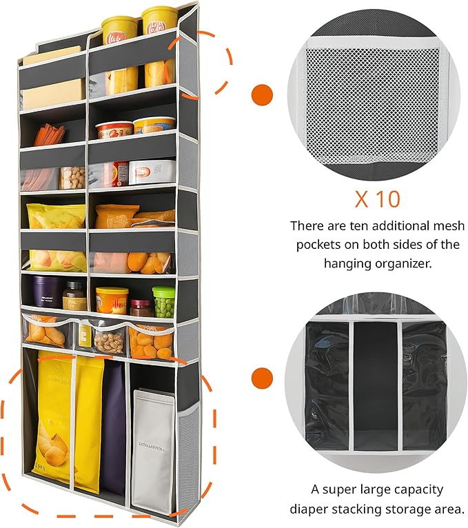Extra Large Over The Door Organizer with Clear Pockets - 8 Compartments & XL Bottom Storage, Heavy-Duty Hanging Organizer for Bathroom, Bedroom, Closet (57 Inch Height). (Dark Grey)