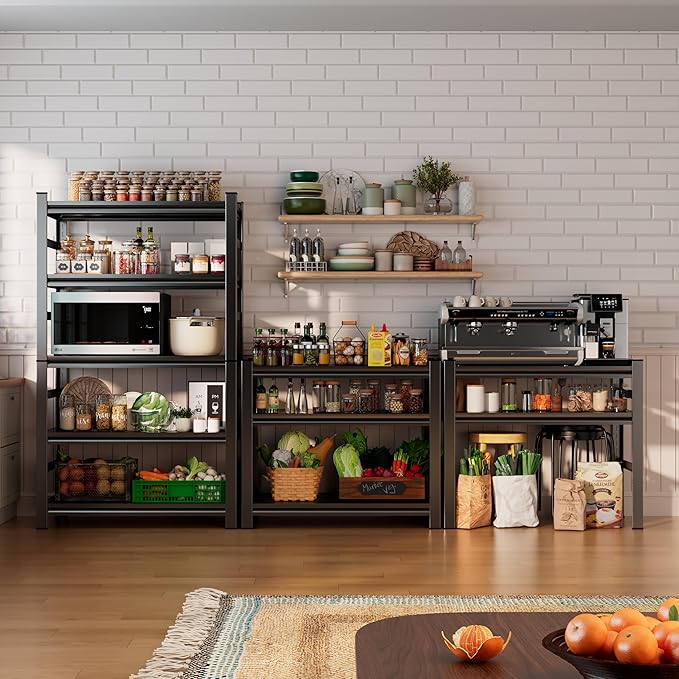 5 Tier Black Storage Shelves Metal Shelving Unit Kitchen Storage Utility Shelf Renter Shelves Estantes para Cocina Shelf Organizer for Bedroom Garage Basement Pantry Commercial Warehouse Industrial