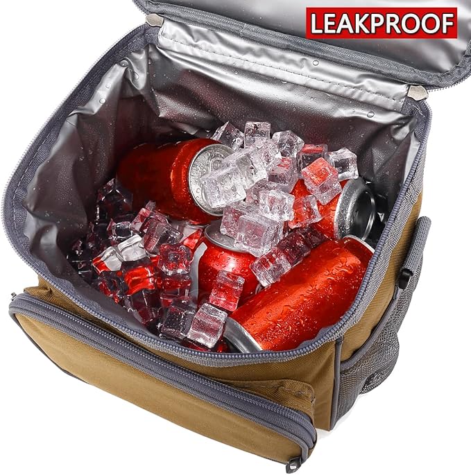 FlowFly Insulated Reusable Lunch Bag Adult Large Lunch Box for Women and Men with Adjustable Shoulder Strap,Front Zipper Pocket and Dual Large Mesh Side Pockets,Brown-NeatNest