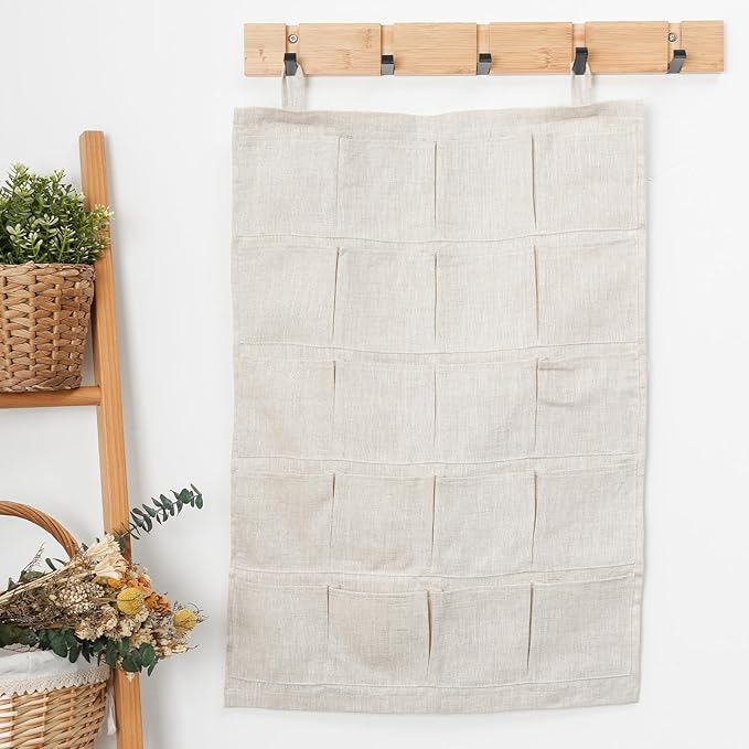 100% Linen Hanging Storage Bag with 20 Pockets, Wall Hang Over The Door Closet Organizer for Socks Underpants, Linen