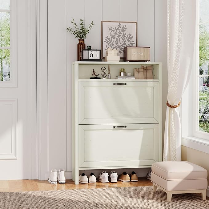 Shoe Cabinet with 2 Flip Drawers, Narrow Shoe Storage Cabinet, Freestanding Shoe Cabinet Organizer, Hidden Shoe Rack Cabinet for Entryway, Hallway (2-Drawers, Off White)-NeatNest
