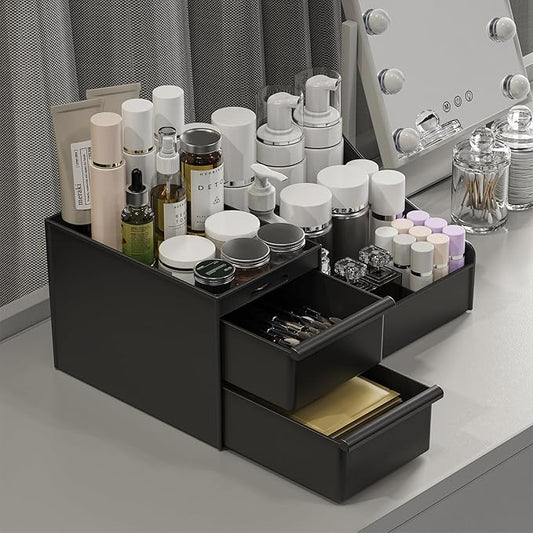 Makeup Organizer Countertop, Vanity Organizer with Drawers for Cosmetics, Skincare, Brushes, Perfume, Skincare Organizer for Vanity, Perfume Organizer for Dresser, Bathroom (Black&2 Drawers)-NeatNest