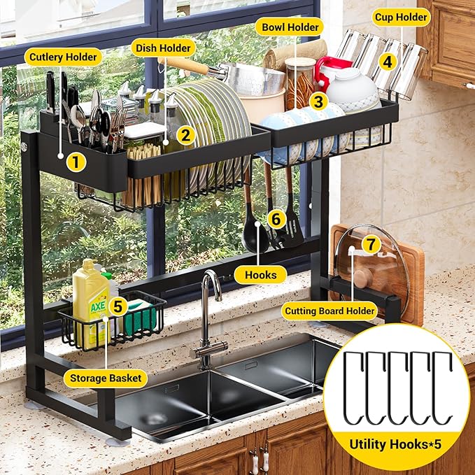 Over Sink Dish Drying Rack (Expandable Height/Length) Snap-On Design Large Dish Drainer Storage Counter Organizer 24" - 35.5"(L) x 12"(W) x 19" - 22"(H)