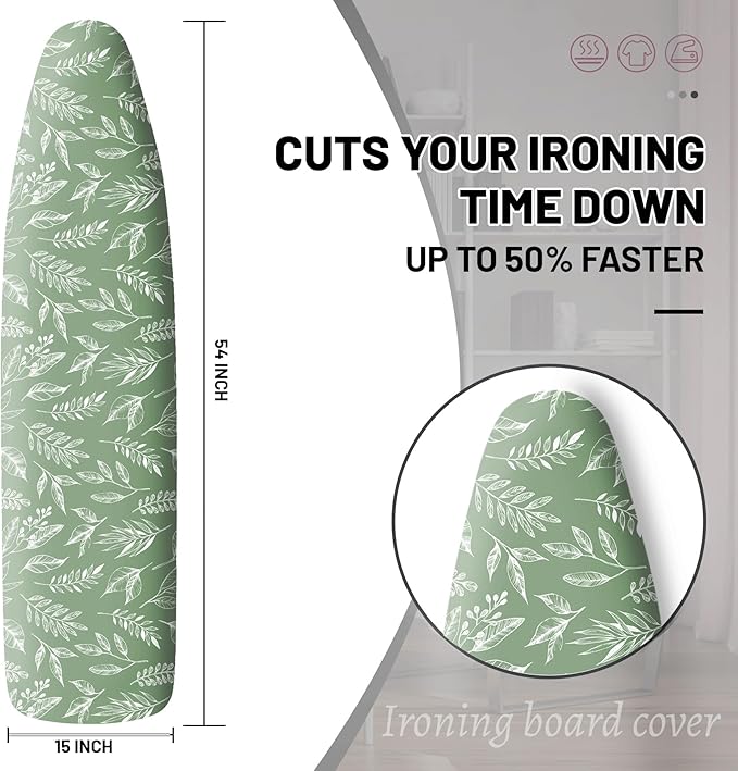 Extra Thick Ironing Board Cover and Pad, 15x54 Ironing Board Cover, Resist Scorching and Staining,Elastic Edges,Sage Green Spring Summer Plants