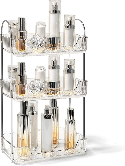 Bathroom Counter Organizer Countertop Storage Skincare Countertop Makeup Organizer Cosmetics Skincare Organizers Holder for Perfume-Clear White-Silver Pole-3 Tier-NeatNest