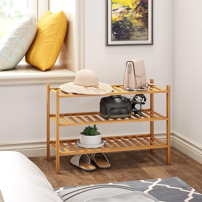 BMOSU 3-Tier Bamboo Shoe Rack Premium Stackable Shoe Shelf Storage Organizer for Hallway Closet Living Room Entryway Organizer (Natural Bamboo)-NeatNest