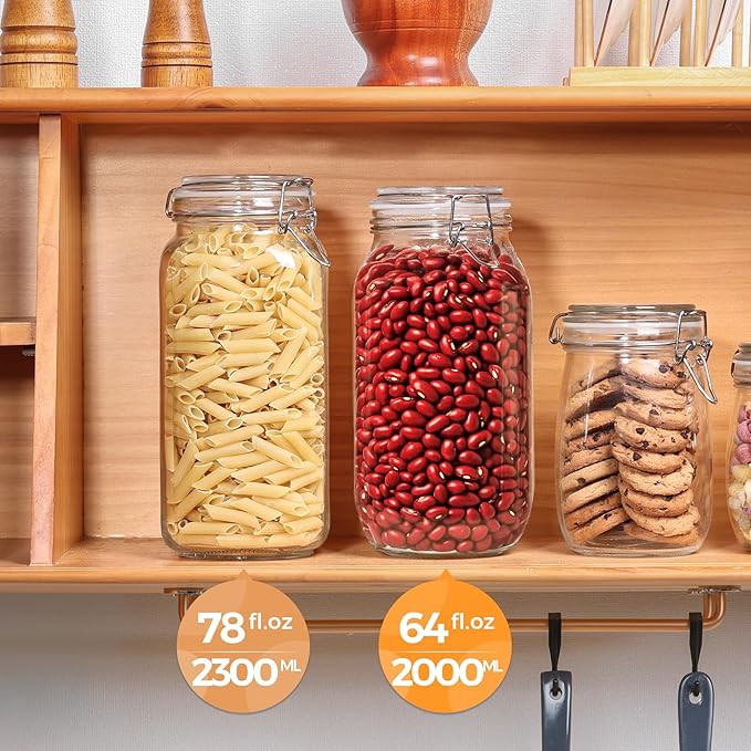 ComSaf Large Glass Jars with Lid 64 oz, Large Mason Jars Set of 3, Glass Canisters with Airtight Lids, Half Gallon Canning Jar with Seal Wire Clip Fastening for Kitchen, Pickle, Flour, Sugar, Cereal-NeatNest