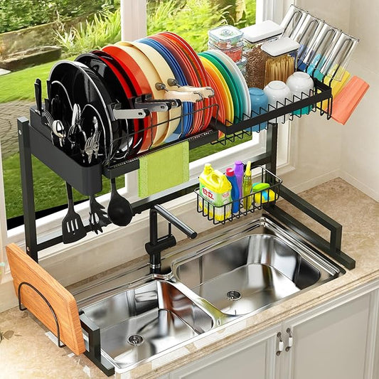 ADBIU 【Fit Sink 24"- 35.6" L】 2024 Over The Sink Drying Rack (Expandable Dimension) Snap-On Design 2 Tier Large Dish Rack Kitchen Count Organization and Storage