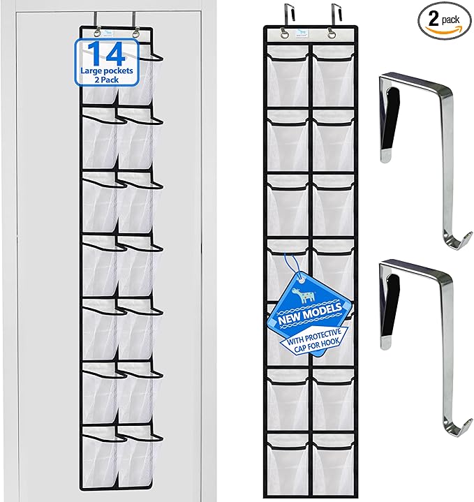 Pack of 2 door shoe organizer, 14 Large Breathable Mesh Pockets,shoe organizer, Hanger Holds Up to 45 lbs for Shoes,New upgrade anti-scratch heavy-duty hooks,White-NeatNest