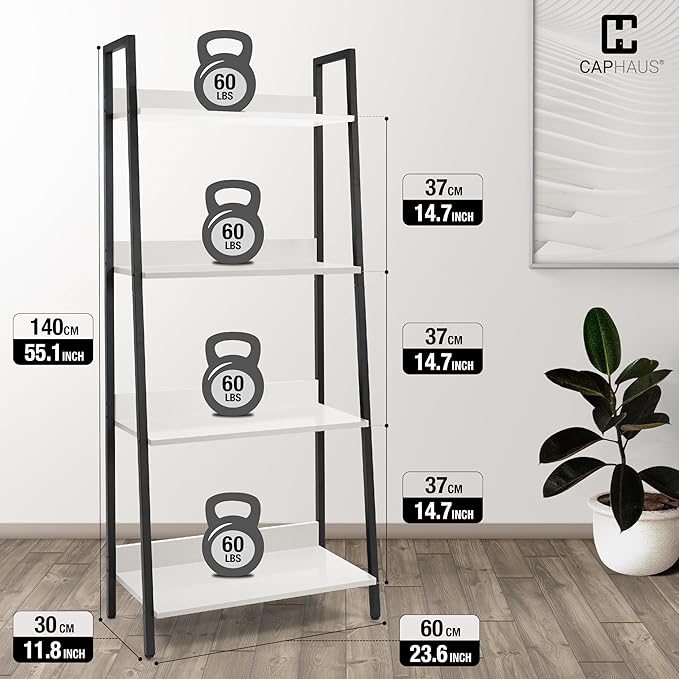 CAPHAUS 4 Tier Ladder Bookshelf, 24 Inch Width Free Standing Shelf, Bookcase Shelf Storage Rack Organizer, Industrial Book Shelves for Home Office, Living Room, Kitchen, White Wooden Shelves-NeatNest