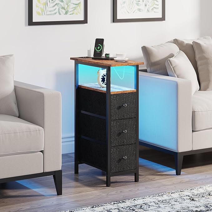End Table with Charging Station, Narrow Side Table with 3 Fabric Drawers, Skinny Nightstand with LED Light, Slim Bedside Table for Bedroom, Living Room, Small Spaces, Rustic Brown and Black