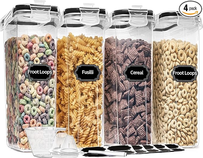 PRAKI Cereal Containers Storage Set (4L,135.2 Oz), 4PCS Airtight Food Storage Containers with Pour Spout for Kitchen & Pantry Organization Cereal Dispensers with 20 labels, Measuring Cup & Marker-NeatNest