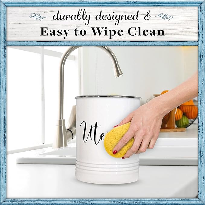 Home Acre Designs Vintage Farmhouse Utensil Holder - Stylish Countertop Organizer and Kitchen Decor Caddy - Stainless Steel Rim - White-NeatNest