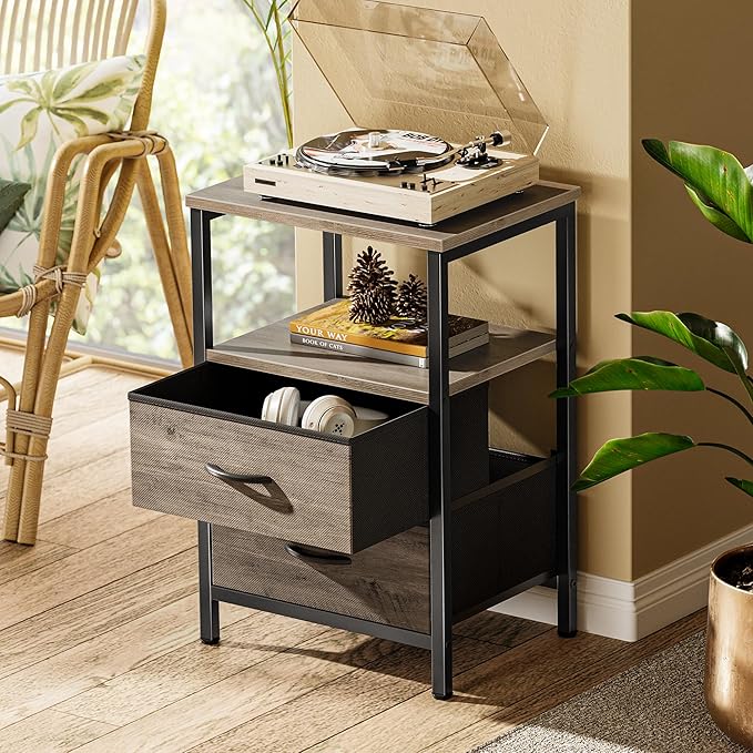 Huuger Night Stand Set of 2, Nightstand with 2 Drawers, Bed Side Table with Open Shelf, Wooden Top, End Table, Fabric Drawer with Oak Wooden Print Surface, for Bedroom