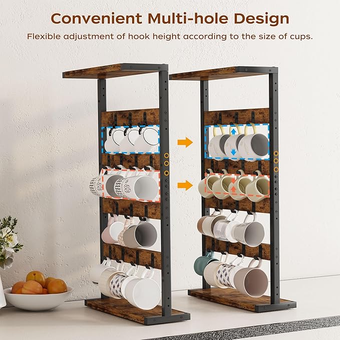 Homeiju 14-Hook Large Coffee Mug Holder for Countertop/Wall Mounted,4 Tier Coffee Cup Holder with Top & Bottom Storage Shelf,Adjustable Hook & Shelves,Mug Tree for Home Bar,Coffee Station-NeatNest